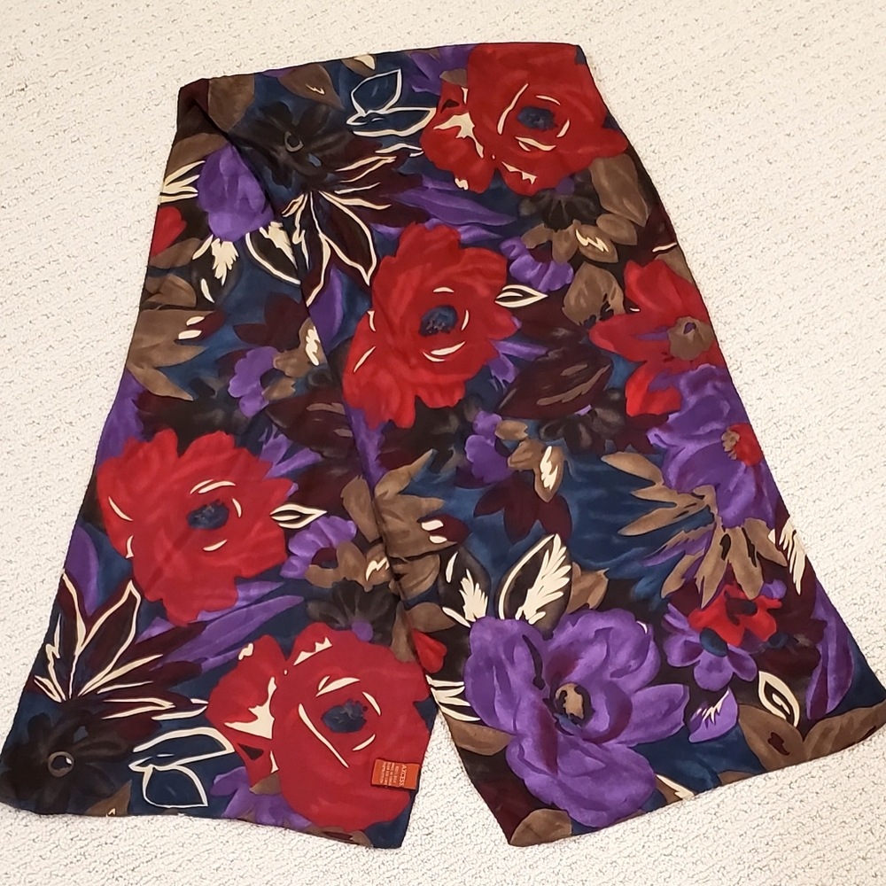 Vintage Axcess 100% Silk Long Floral Scarf, Deep Colors Purple/Teal/Red, EUC